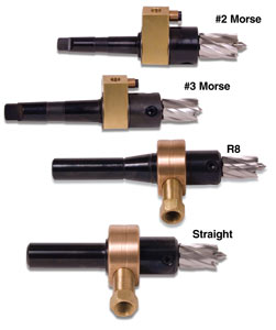 Machine tool arbors for using annular cutters with a #2 morse taper, #3 morse taper, R8 and 1" straight shank